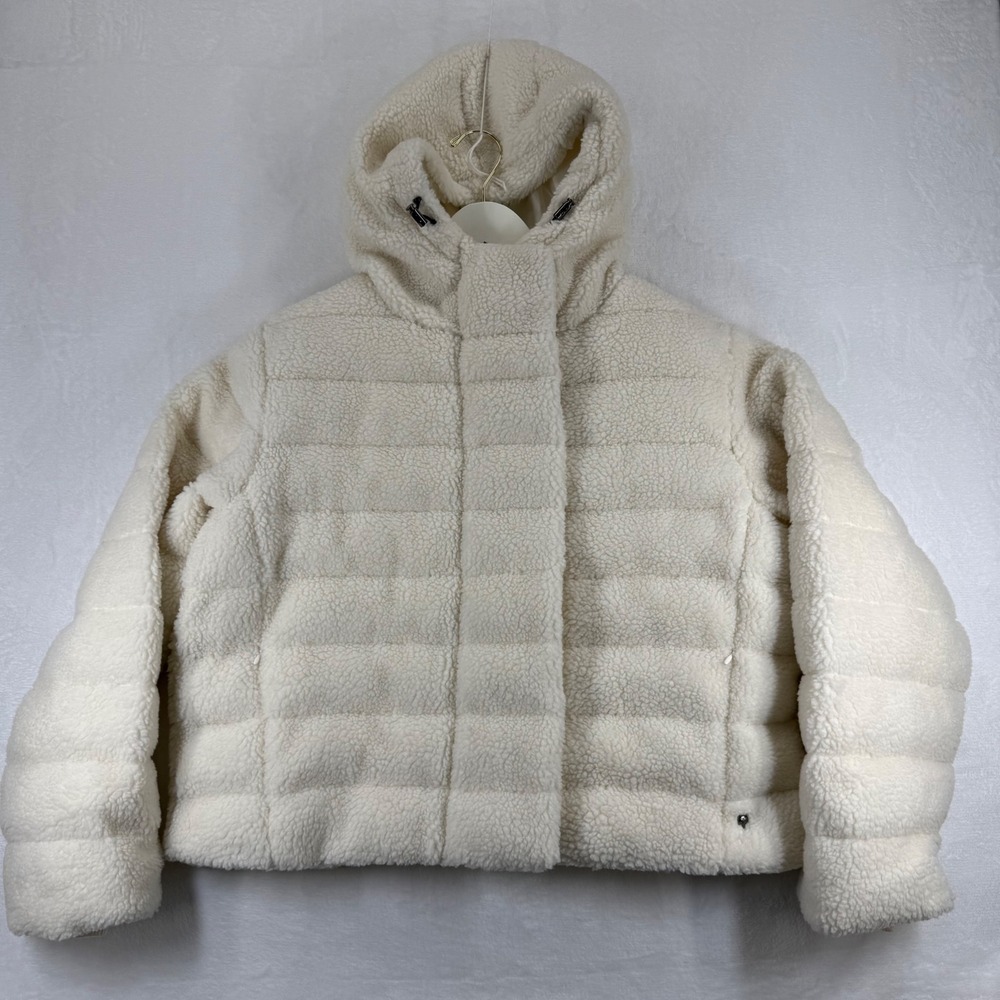 Greyson EOS Sherpa Fleece Hooded Puffer Jacket Zip Snap Front Off-White L